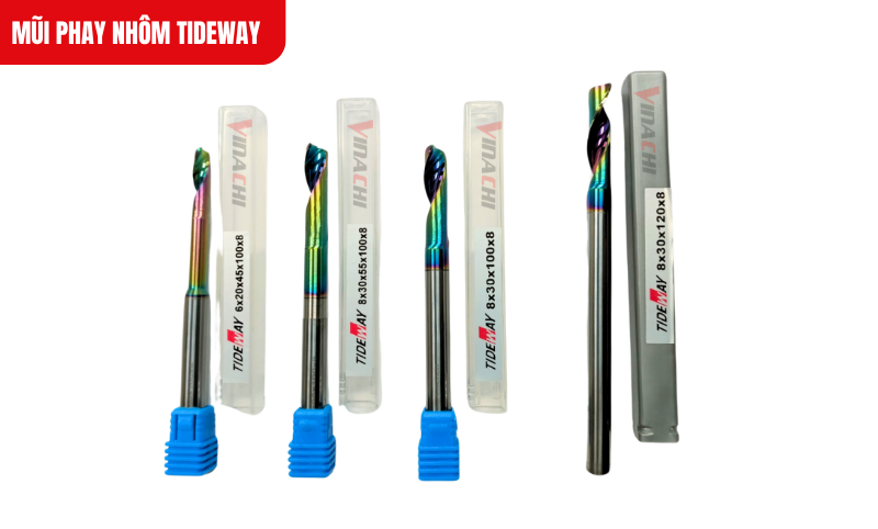 Mũi phay nhôm Tideway chế tác từ hợp kim Đức phủ Nano, sắc bén, thoát phôi nhanh, phay mượt cả nhôm dày 2–3 ly.