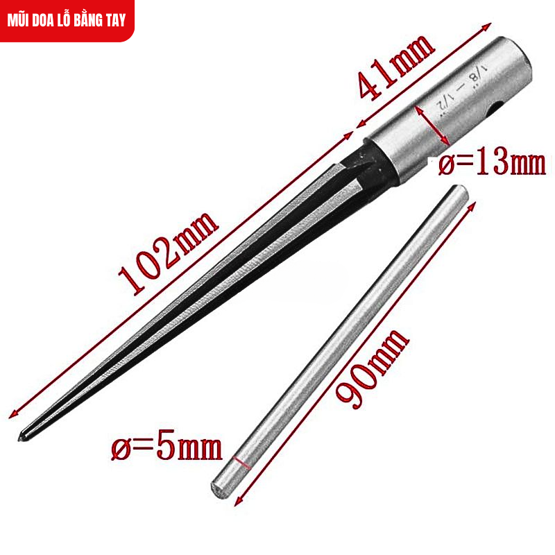 Mũi doa lỗ bằng tay làm từ thép HSS 4241 phủ Titanium, góc doa 90°, doa mượt, bền bỉ, dùng linh hoạt từ 3–12mm