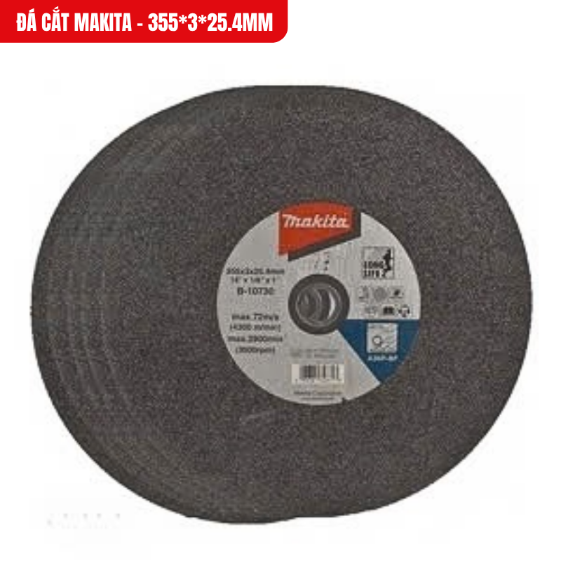Đá cắt Makita - 355*3*25.4mm chất liệu kim cương cao cấp, độ dày 3mm cắt mịn, ít bụi, bền bỉ, ít rung, dùng an toàn cho máy cắt công suất lớn.