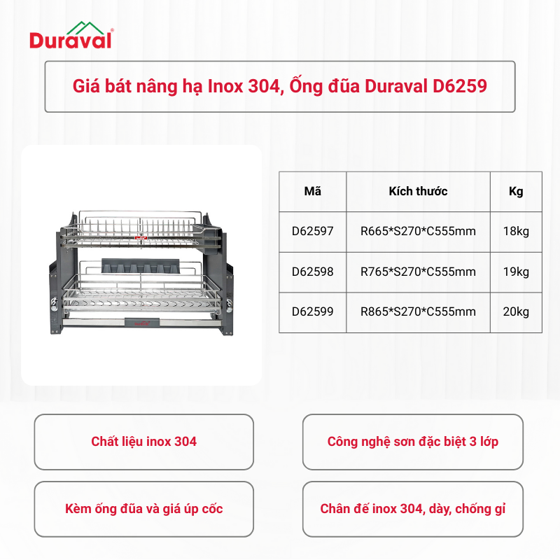 Giá bát nâng hạ inox 304, Ống đũa Duraval D6259