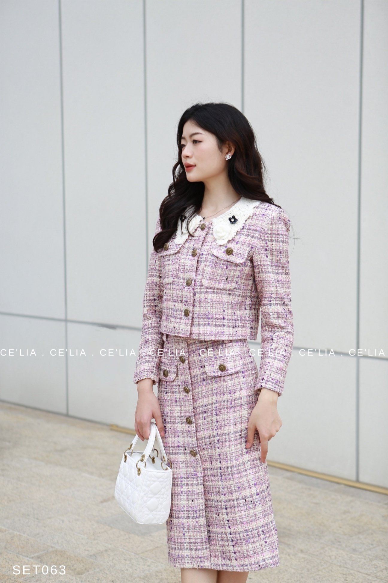 Set tweed phối cổ len