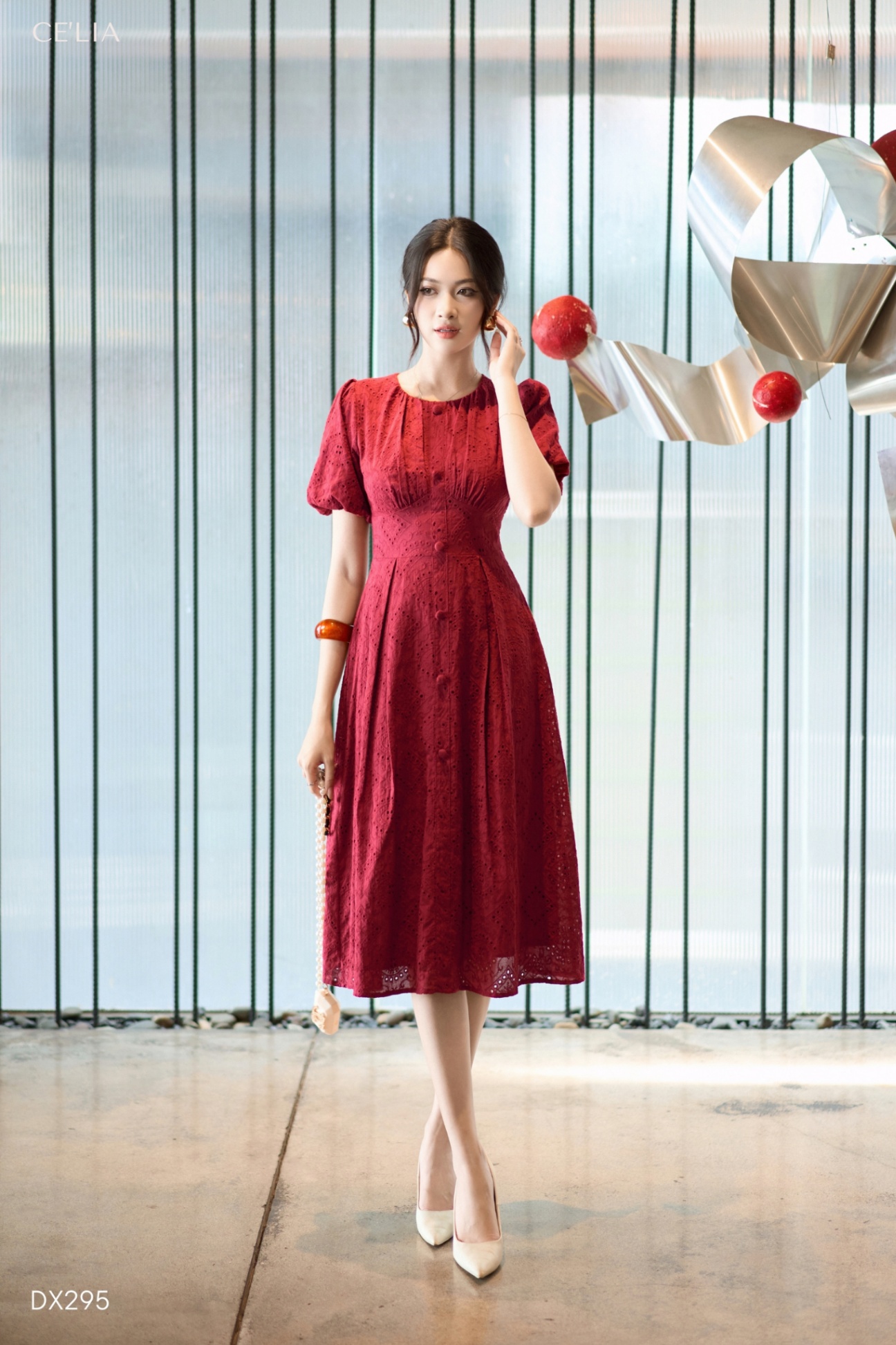 Đầm thô cổ tròn tay bồng