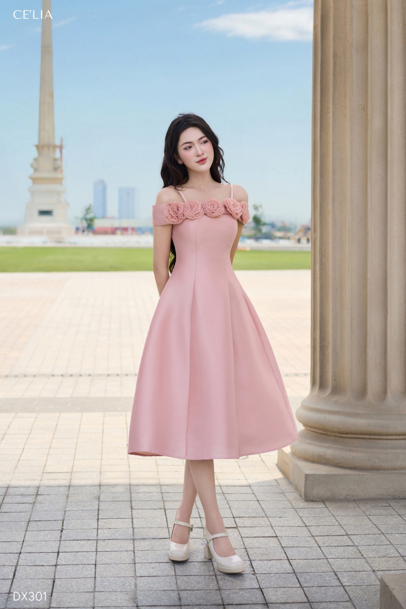 Đầm 2 dây tafta đính hoa 297a