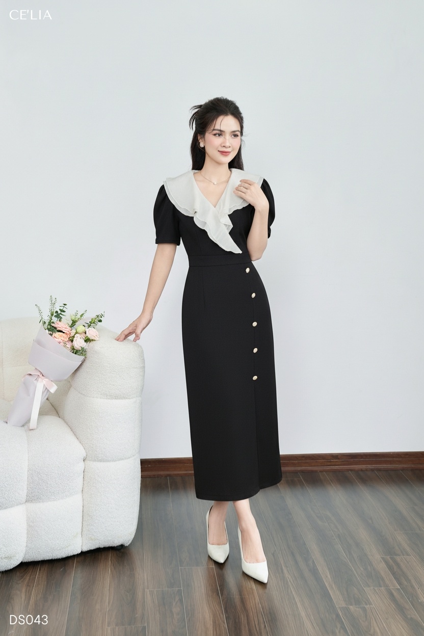 Đầm suông cổ bèo kèm cúc