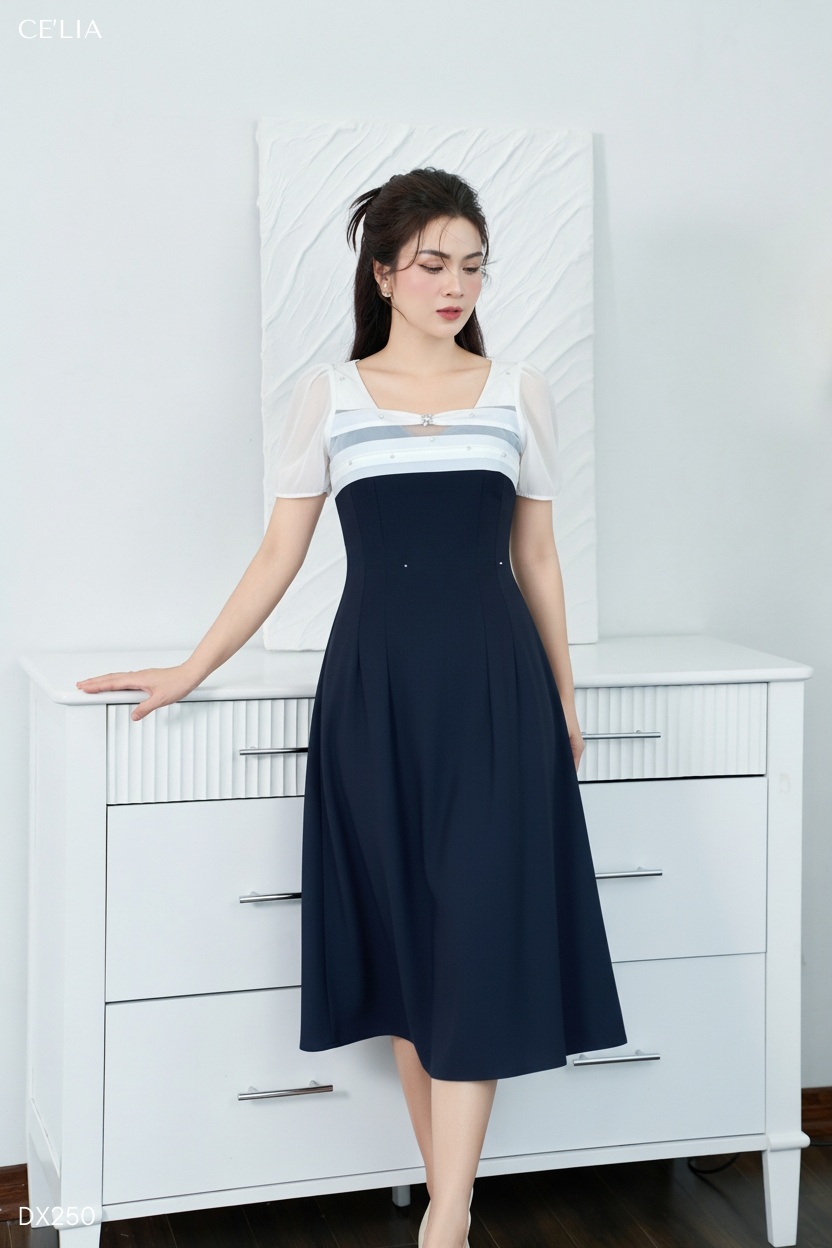 Đầm xước Nhật phối tơ đính đá