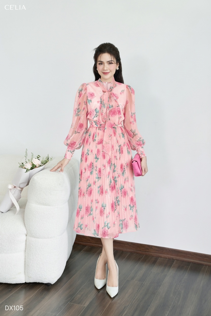 Đầm tơ buộc nơ dập ly