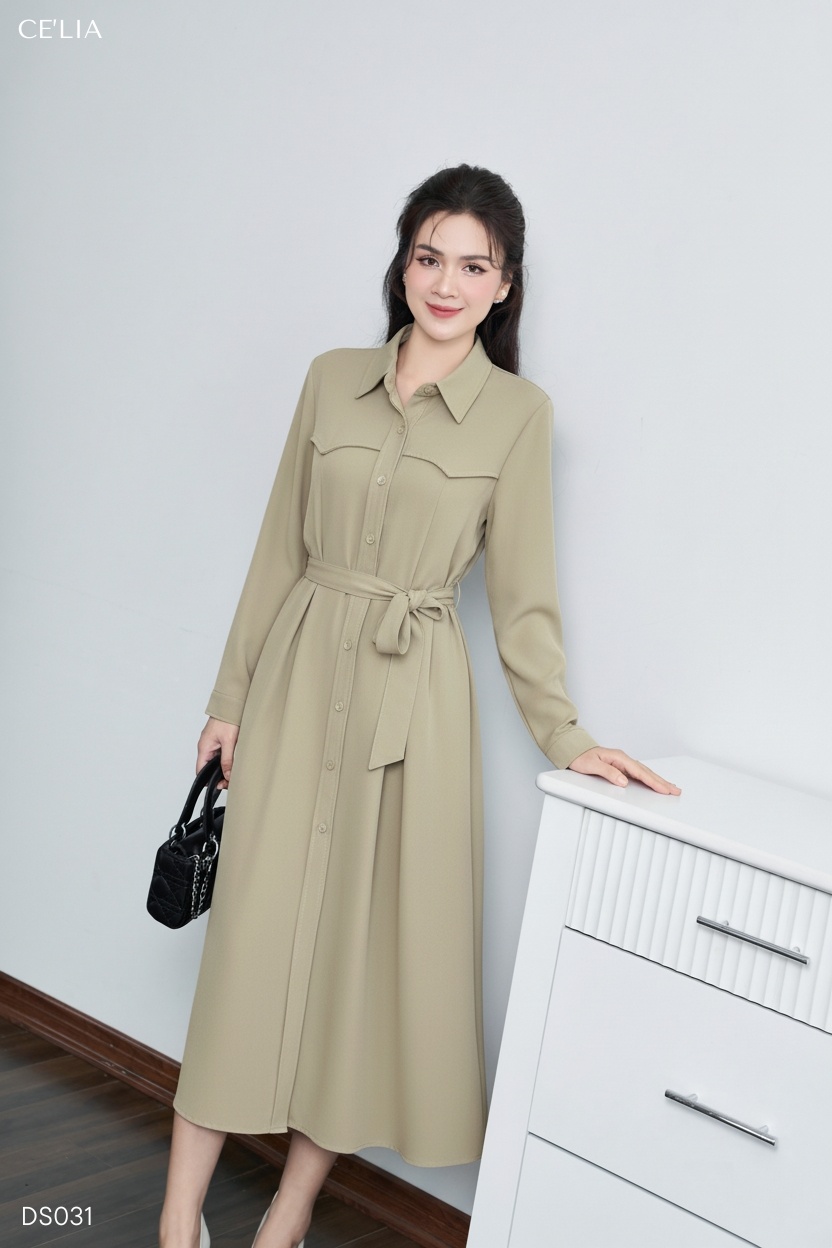 Đầm suông cổ đức kèm đai