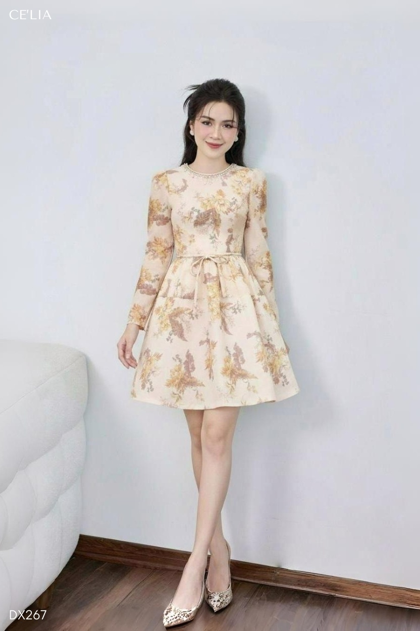 Đầm hoa xòe cổ đính đá 6187