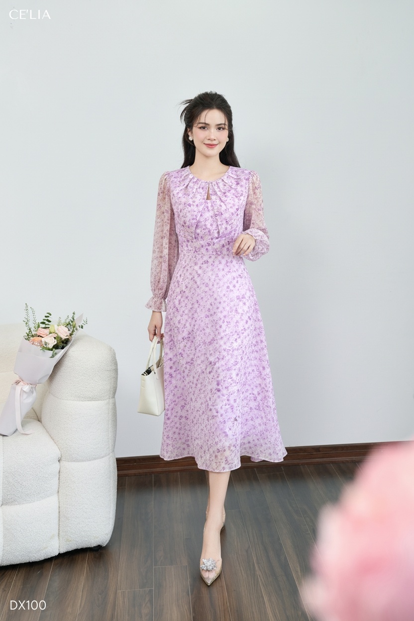 Đầm hoa nhí nhúm cổ