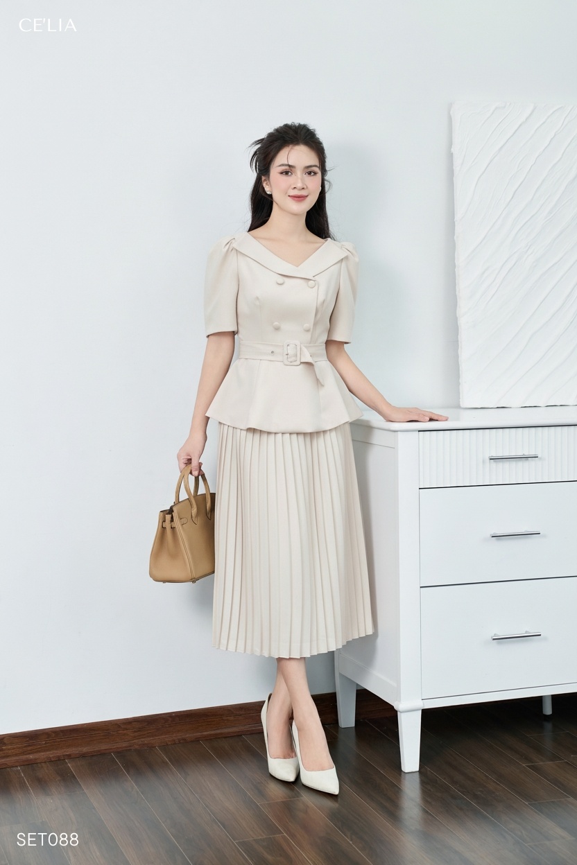 Set peplum chân dập ly kèm đai