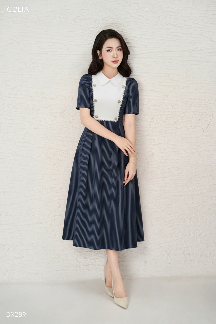 Đầm kẻ viền ren