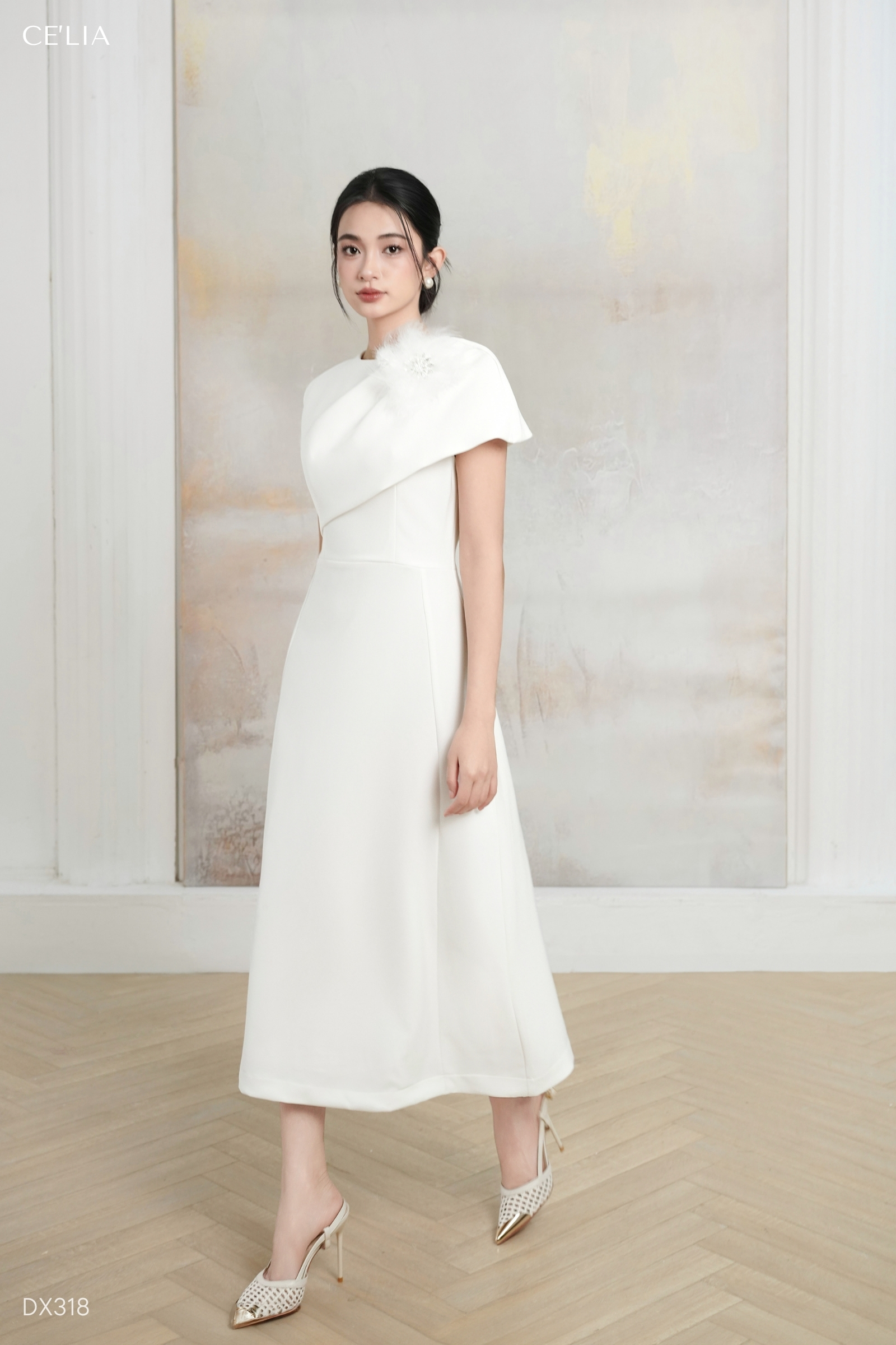 Đầm trượt Ý đính đá lông 3618