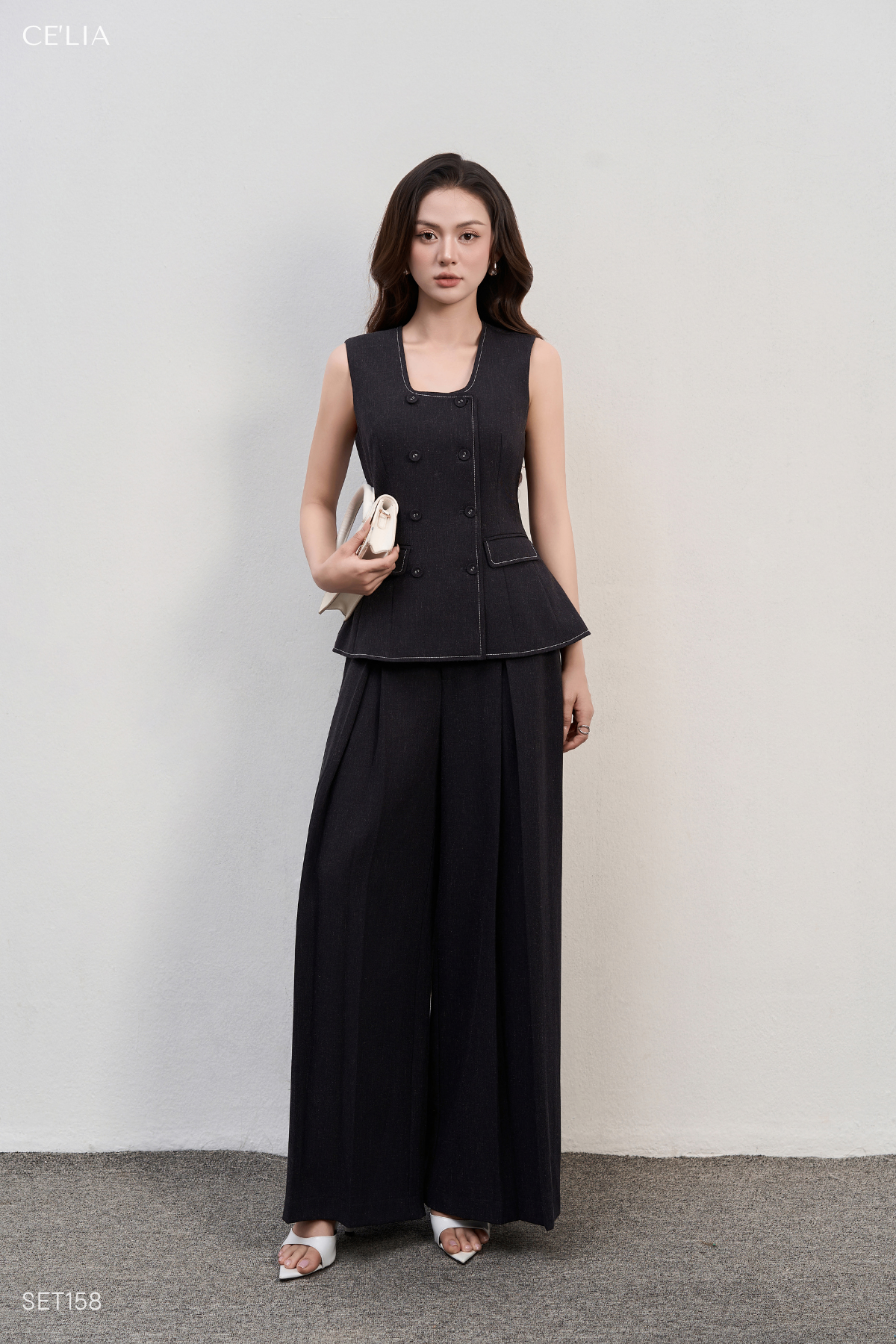 Set áo gile cổ vuông trần chỉ,quần suông