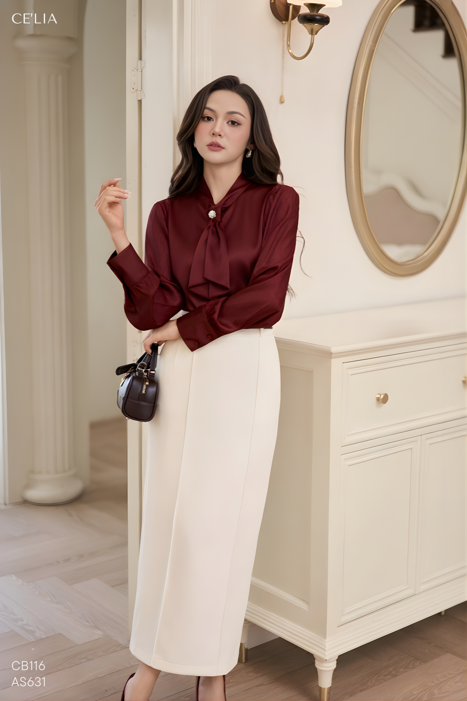 Sơ mi lụạ nơ cổ đính hoa sx