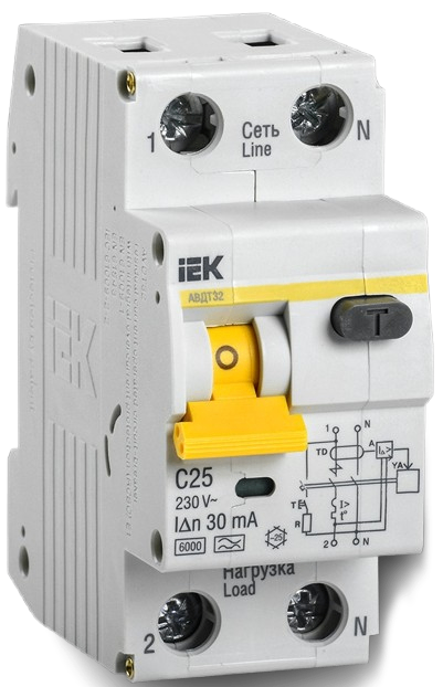 Aptomat chống giật, quá tải (RCBO) 6 - 63A, 2 - 4 cực, dòng cắt 6kA, dòng rò 10 30 100 300 mA, AVDT32-34 IEK 