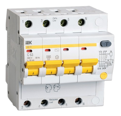 Aptomat chống giật, quá tải (RCBO) 6 - 63A, 2 - 4 cực, dòng cắt 4.5kA, dòng rò 10 30 100 300 mA, AD12-14 IEK