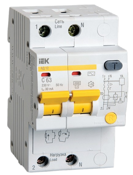 Aptomat chống giật, quá tải (RCBO) 6 - 63A, 2 - 4 cực, dòng cắt 4.5kA, dòng rò 10 30 100 300 mA, AD12-14 IEK