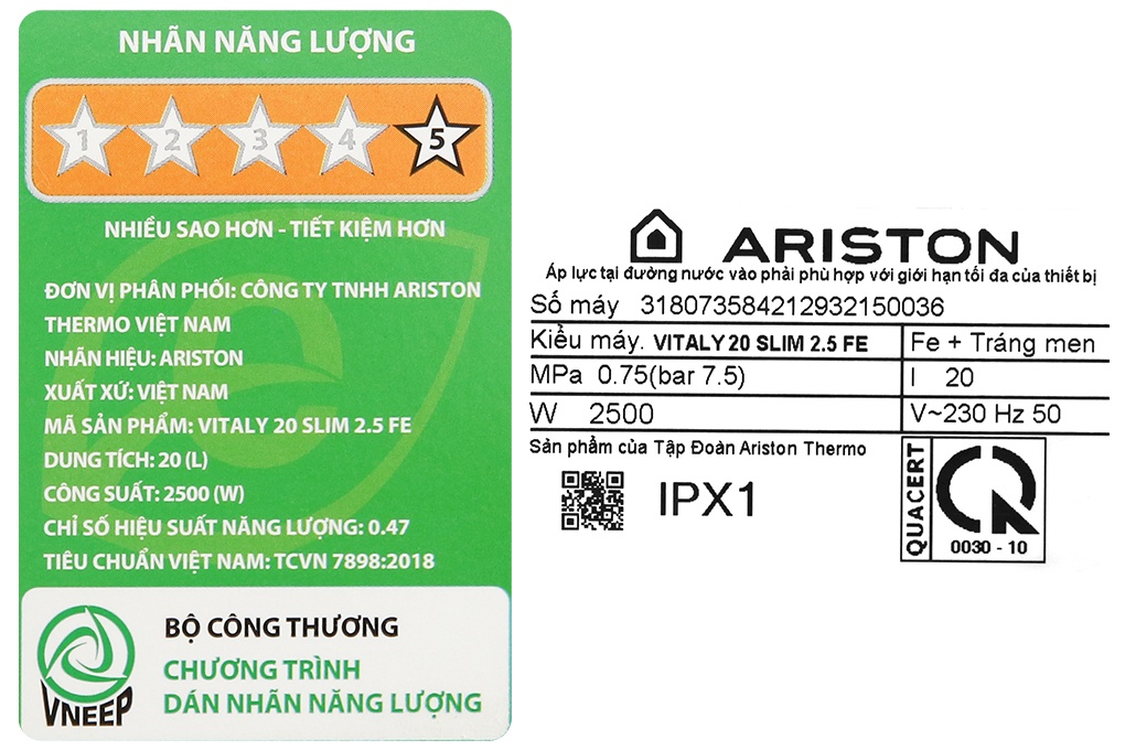 Bình nóng lạnh Ariston VITALY 20 SLIM 2.5FE 20L