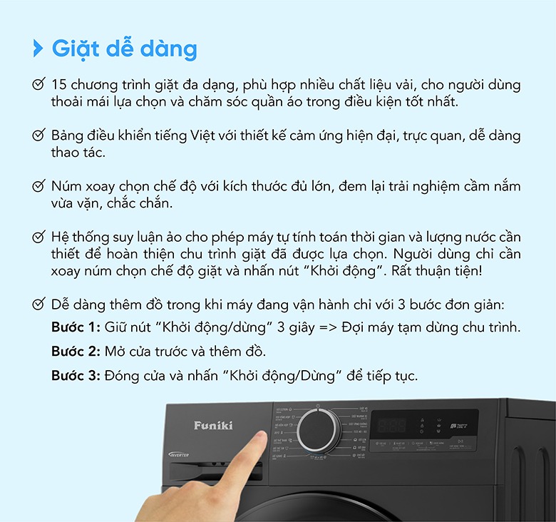 Máy giặt Funiki Inverter 10.5 Kg HWM F8105ADG - 15 chương trình giặt đa dạng