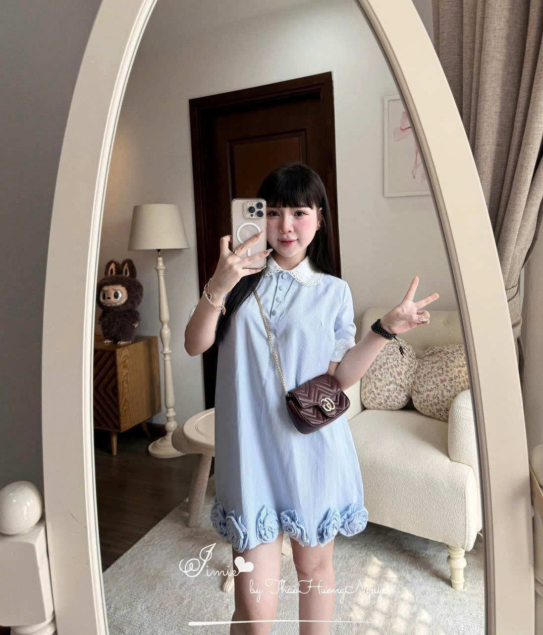 MĐ# VÁY XANH KẺ KÈM HOA