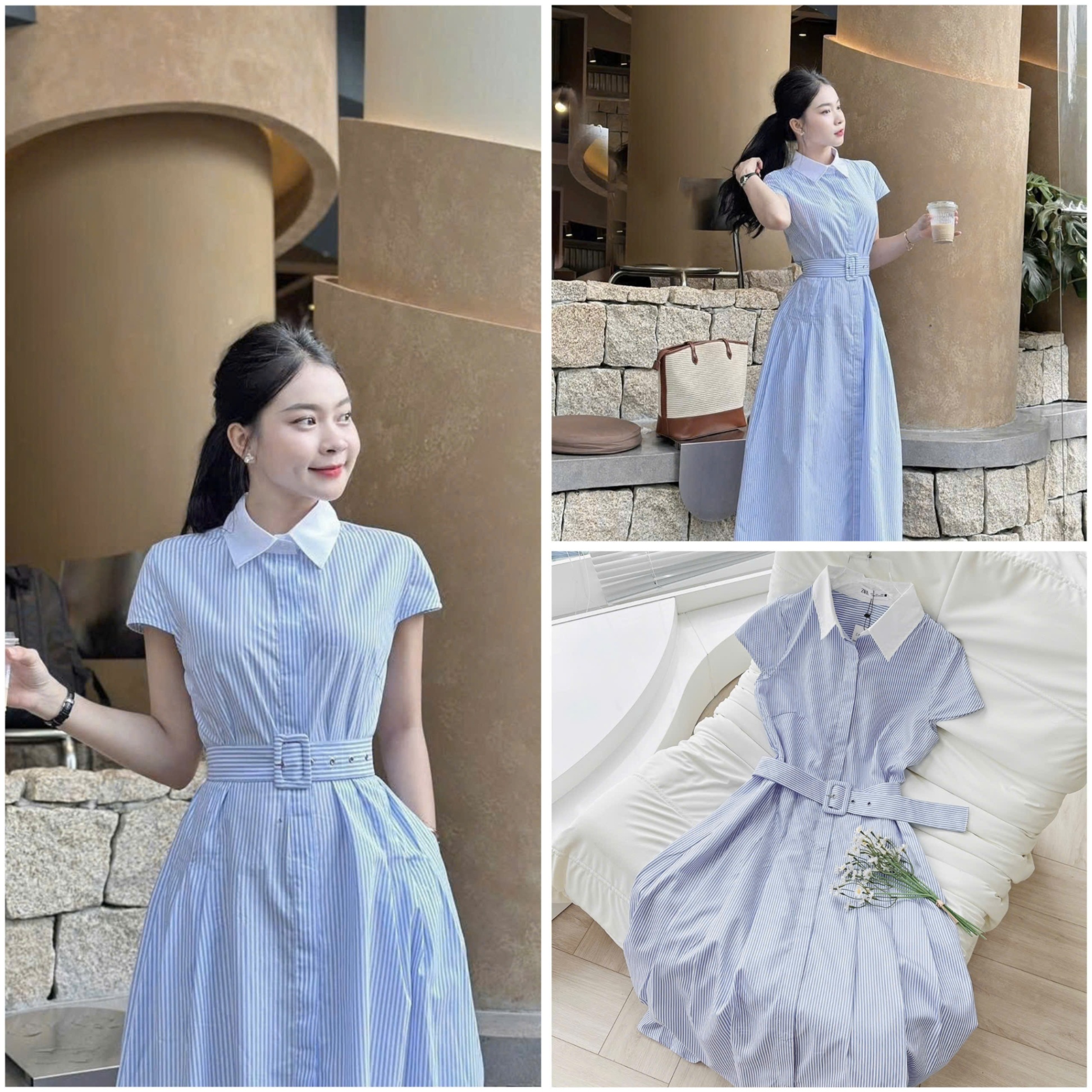 AS# VÁY KẺ XANH ĐAI EO