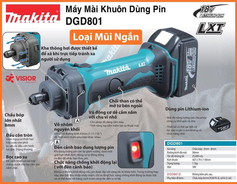 MÁY MÀI KHUÔN DÙNG PIN MAKITA DGD801Z (LOẠI MŨI NGẮN)