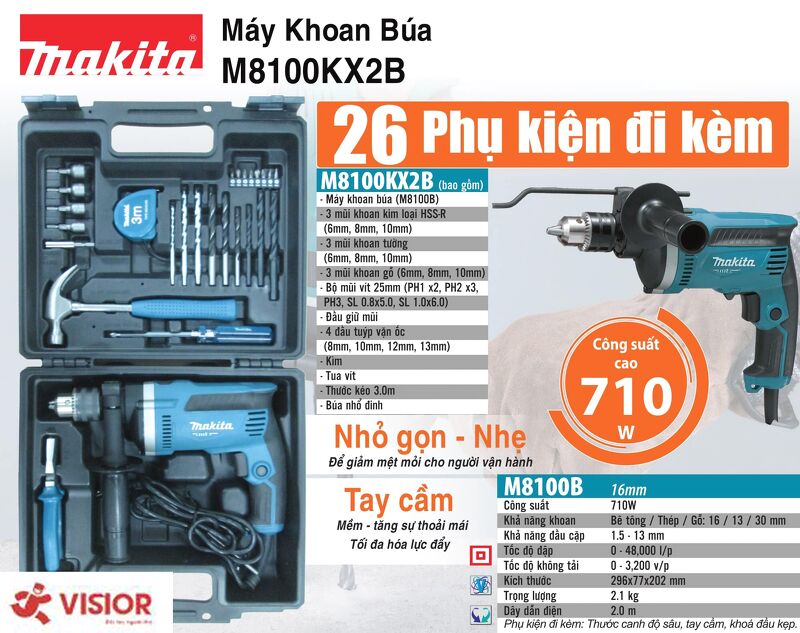 710W MÁY KHOAN BÚA 16MM MAKITA M8100KX2B (26 CÁI PHỤ KIỆN)