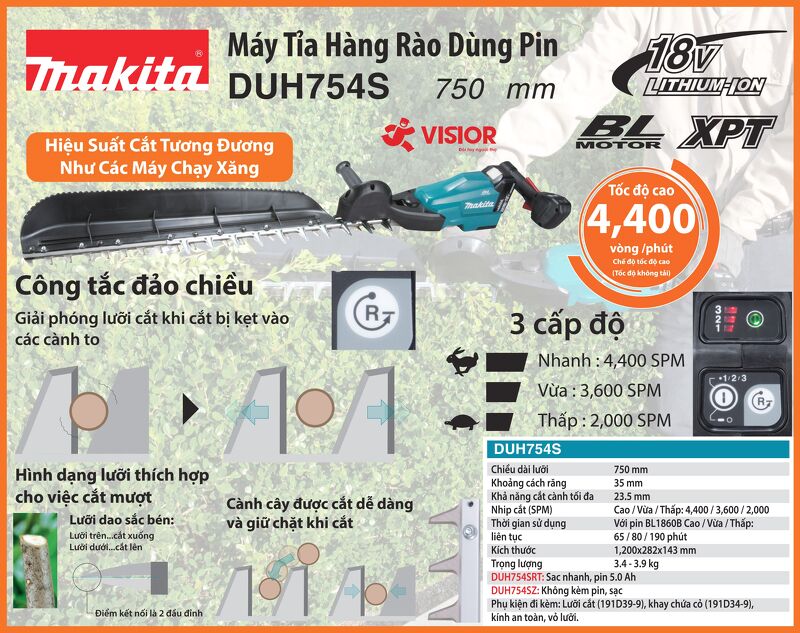 MÁY TỈA HÀNG RÀO MAKITA DÙNG PIN 18V DUH754SZ 750MM (CHƯA PIN SẠC)