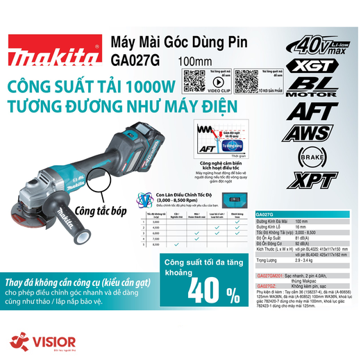 MÁY MÀI GÓC DÙNG PIN 40V MAKITA 100MM GA027GZ - CÔNG TẮC BÓP - (CHƯA PIN SẠC)