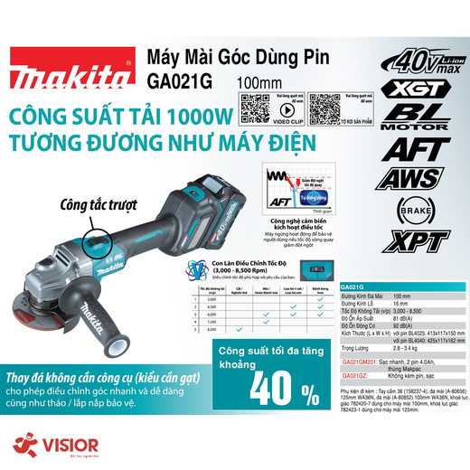 MÁY MÀI GÓC DÙNG PIN 40V MAKITA 100MM GA021GZ - CÔNG TẮC TRƯỢT (CHƯA PIN SẠC)