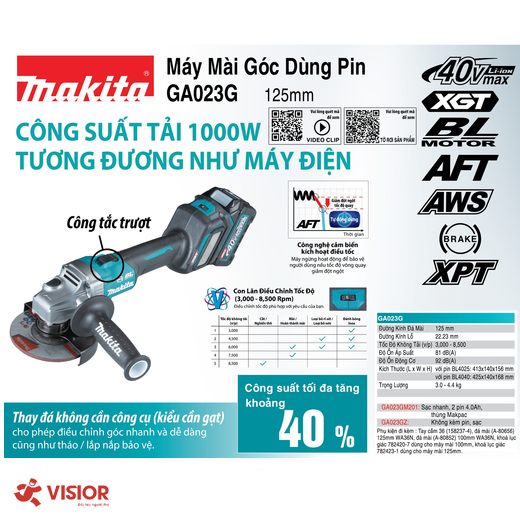 MÁY MÀI GÓC DÙNG PIN 40V MAKITA 125MM GA023GZ - CÔNG TẮC TRƯỢT -(CHƯA PIN SẠC)