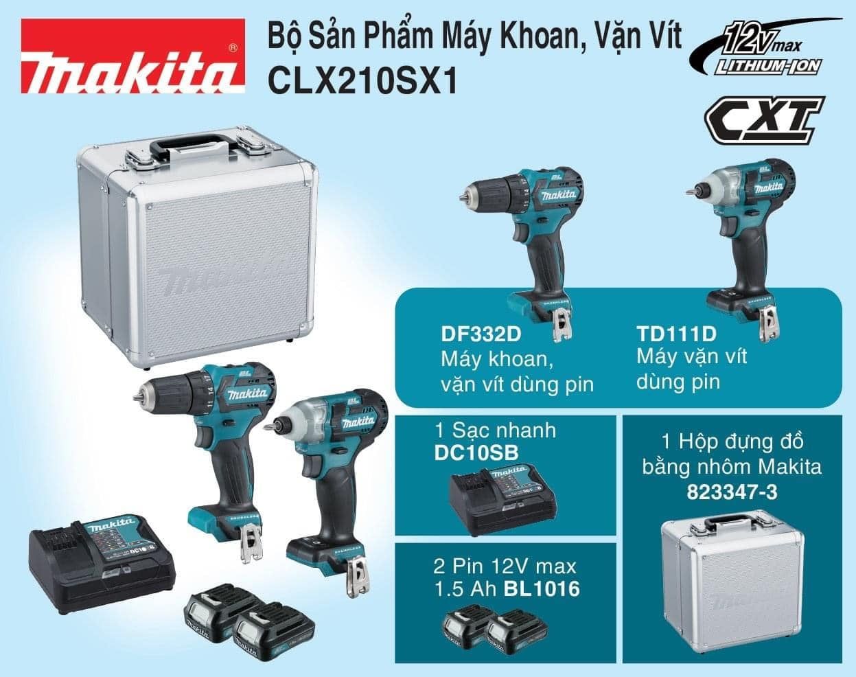 BỘ MÁY KHOAN VÀ VẶN VÍT DÙNG PIN 12V MAKITA CLX210SX1