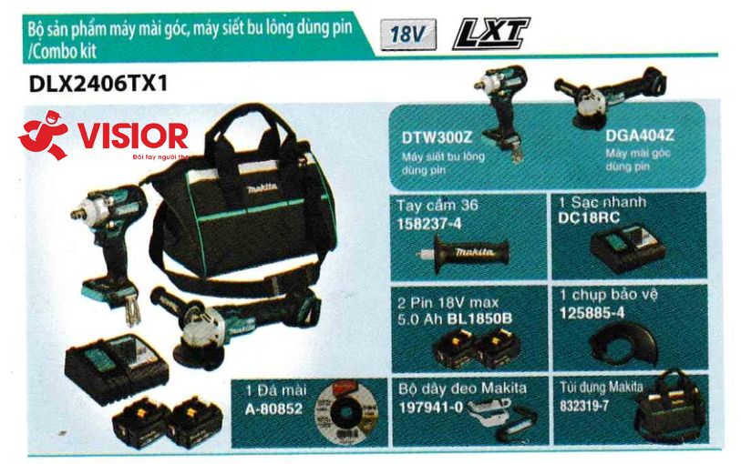 BỘ MÁY VẶN BULONG VÀ MÁY MÀI GÓC DÙNG PIN 18V MAKITA DLX2406TX1