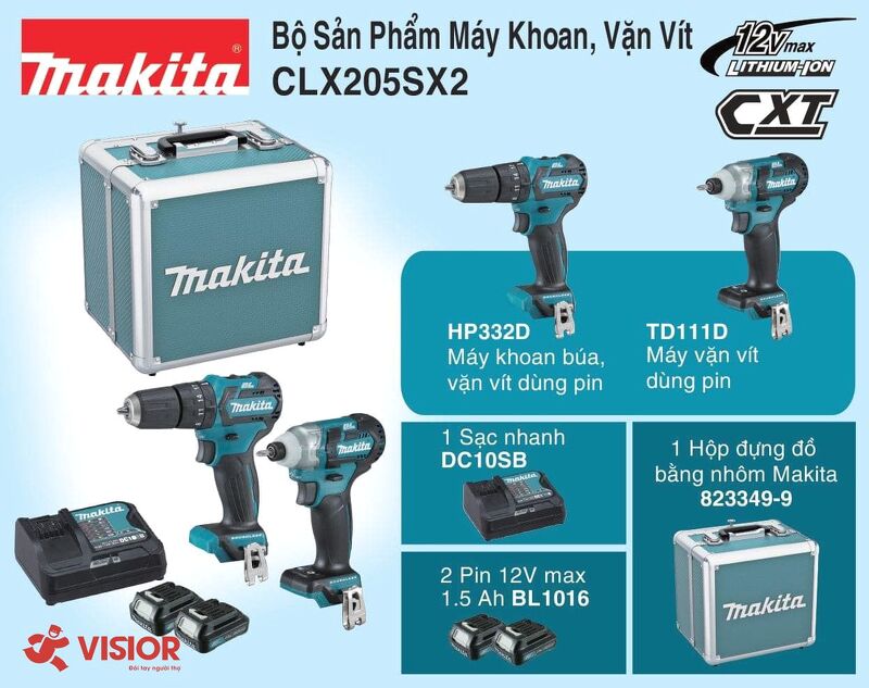 BỘ MÁY KHOAN VÀ VẶN VÍT DÙNG PIN 12V MAKITA CLX205SX2