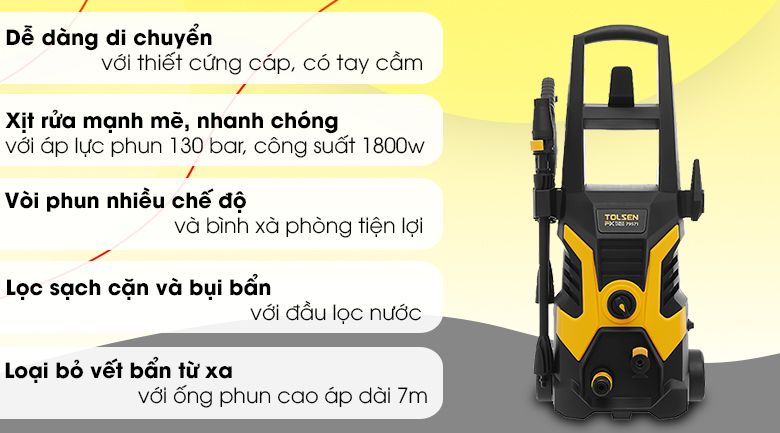 MÁY PHUN XỊT RỬA ÁP LỰC ÁP SUẤT 1800W 7M + 10M TOLSEN 79571A