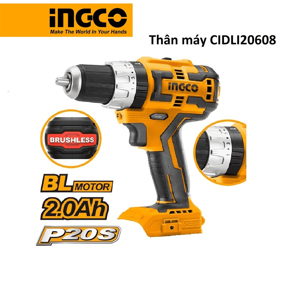 MÁY KHOAN BÚA DÙNG PIN LI-ION 20V-13MM (KHÔNG CHỔI THAN) INGCO CIDLI20608