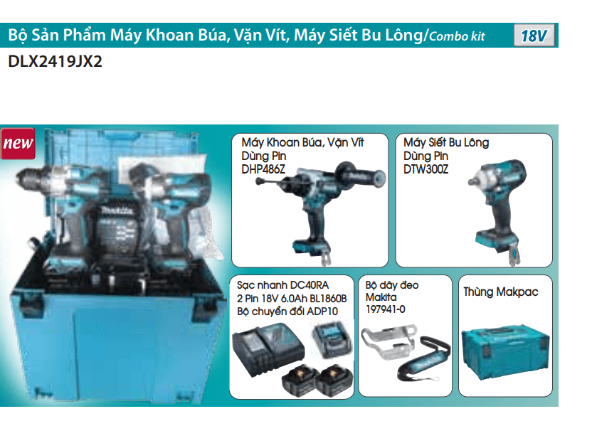 BỘ SẢN PHẨM DLX2419JX2 (DTW300+DHP486+ADP10+BL1860B*2+DC40RA+THÙNG MAKPAC) DÙNG PIN 18V MAKITA