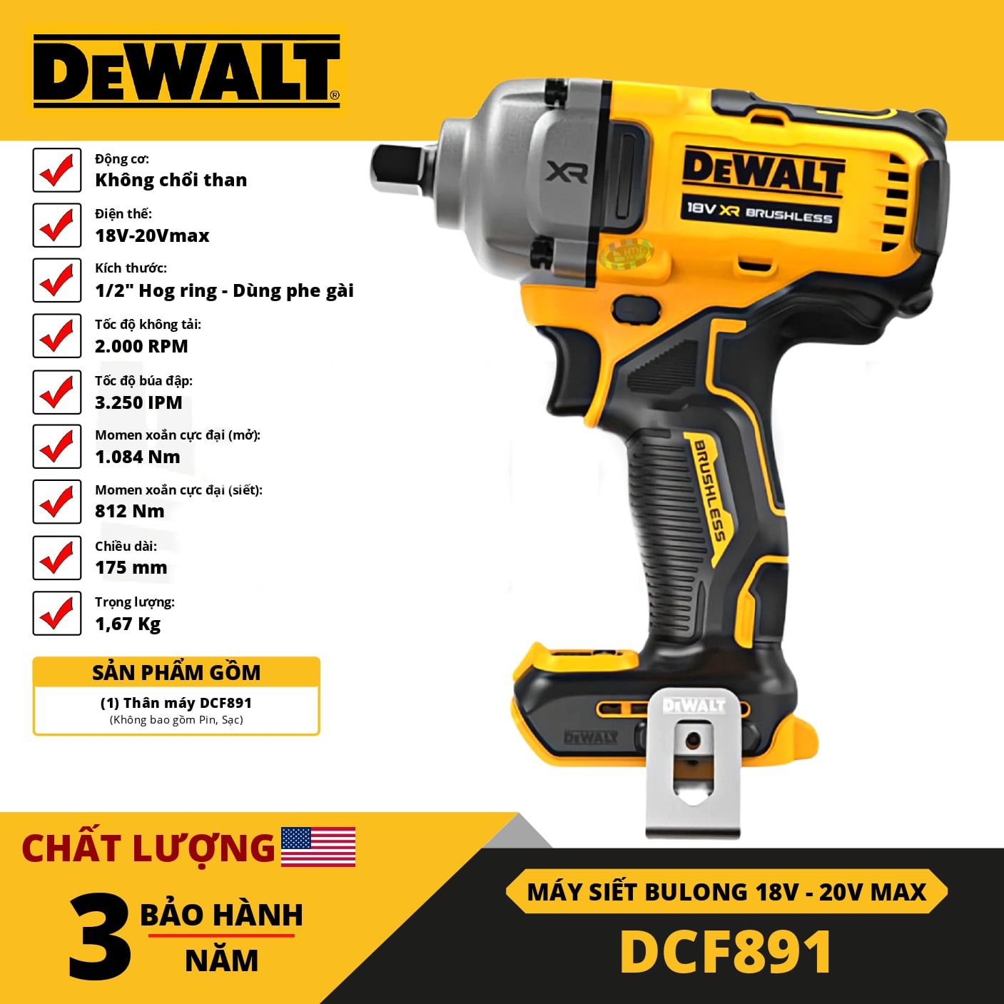 MÁY VẶN BULONG DÙNG PIN 20V DEWALT DCF891N-B1 (đầu phe)