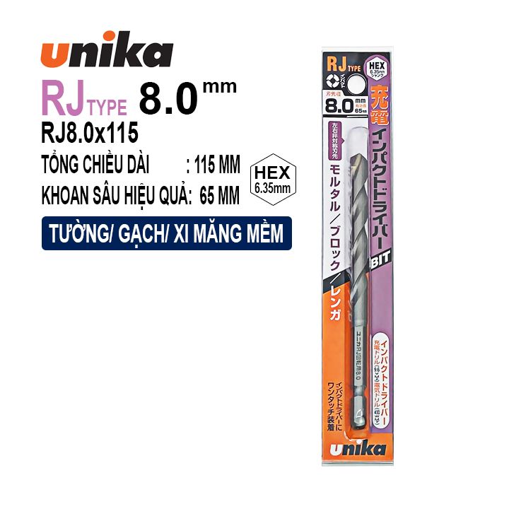 MŨI KHOAN TƯỜNG, GẠCH CHUÔI LỤC GIÁC UNIKA RJ8.0X115mm