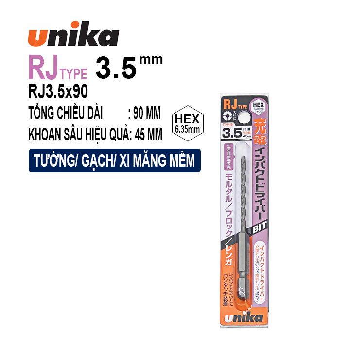 MŨI KHOAN TƯỜNG, GẠCH CHUÔI LỤC GIÁC UNIKA RJ3.5X90mm