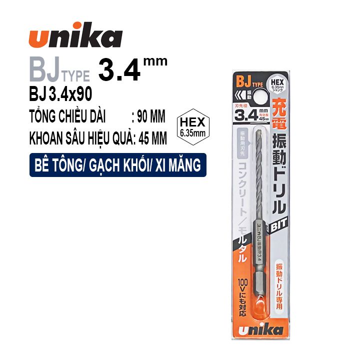 MŨI KHOAN BÊ TÔNG CHUÔI LỤC GIÁC UNIKA BJ3.4X90mm