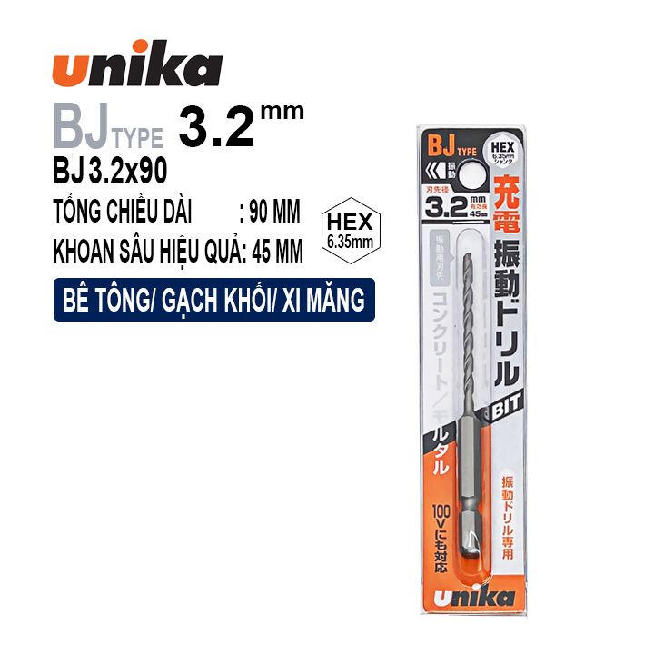 MŨI KHOAN BÊ TÔNG CHUÔI LỤC GIÁC UNIKA BJ3.2X90mm