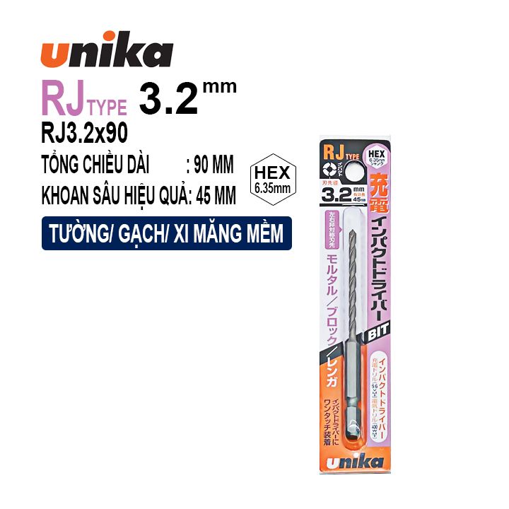 MŨI KHOAN TƯỜNG, GẠCH CHUÔI LỤC GIÁC UNIKA RJ3.2X90mm