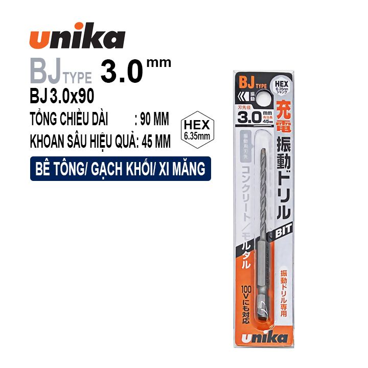 MŨI KHOAN BÊ TÔNG CHUÔI LỤC GIÁC UNIKA BJ3.0X90mm