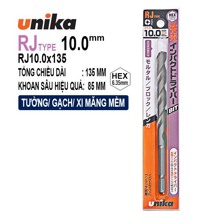 MŨI KHOAN TƯỜNG, GẠCH CHUÔI LỤC GIÁC UNIKA RJ10.0X135mm