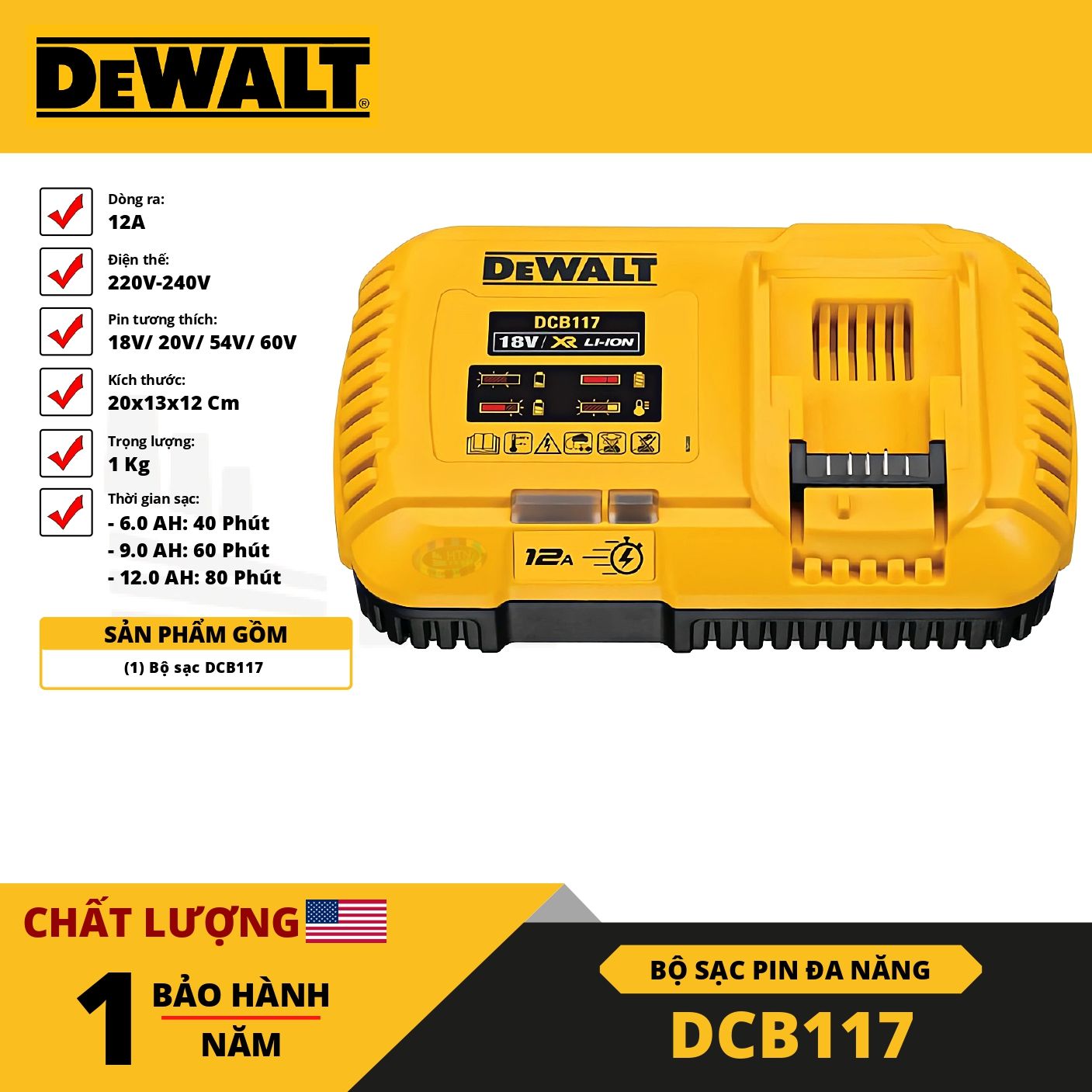 ĐẾ SẠC NHANH DEWALT 12A DCB117-KR (18-60V)