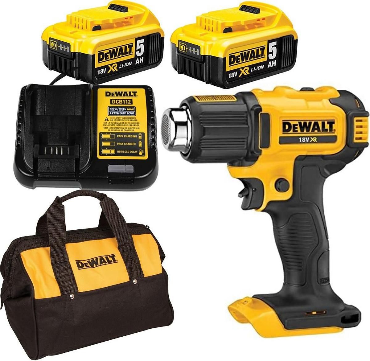 MÁY THỔI HƠI NÓNG DÙNG PIN 18V DEWALT DCE530P2 - Máy, Sạc, 2pin*5Ah Túi vải