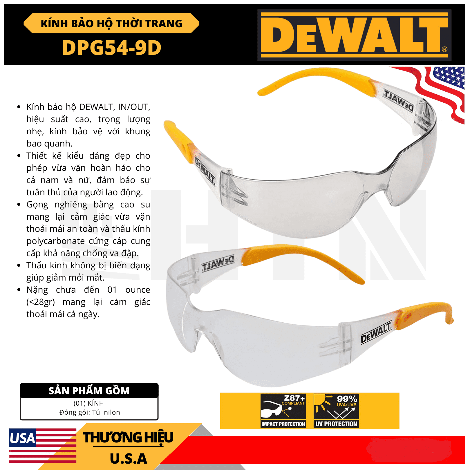 KÍNH BẢO HỘ DEWALT DPG54-9D (trong suốt) - chống tia UV