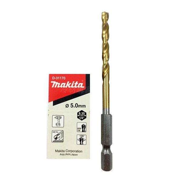 MŨI KHOAN KIM LOẠI HSS- TIN CHUÔI LỤC GIÁC 5MM MAKITA D-31170