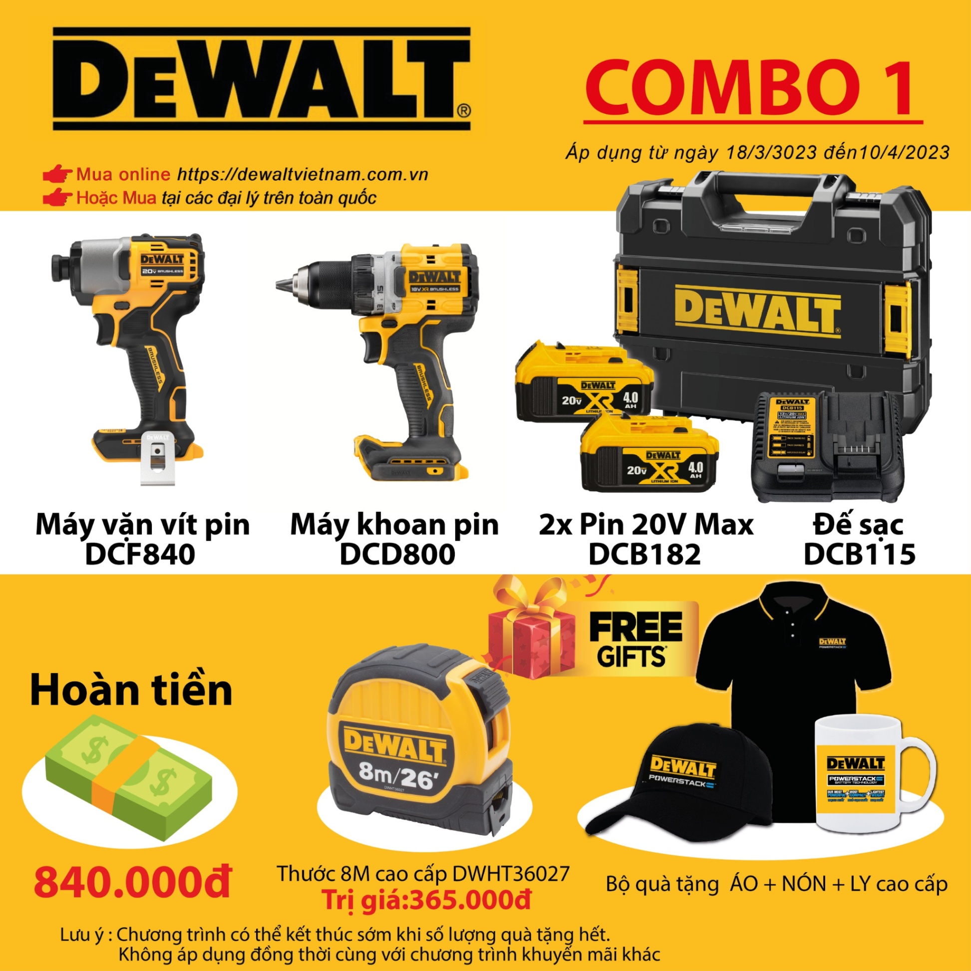 COMBO 1 THÁNG 3 DEWALT -  MÁY VẶN VÍT DCF840 VÀ MÁY KHOAN PIN DCD800M2T